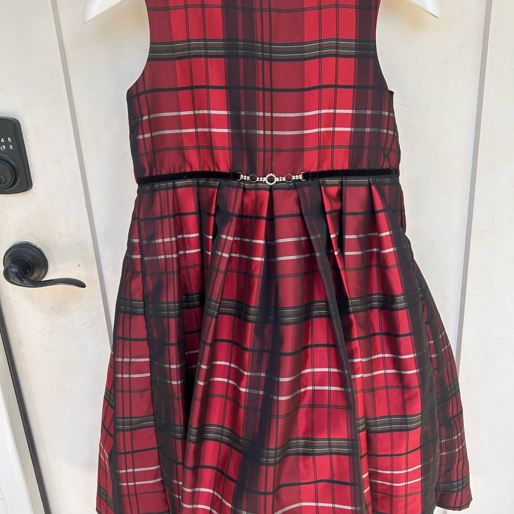 Red Plaid Girls' Party Dress with Belt